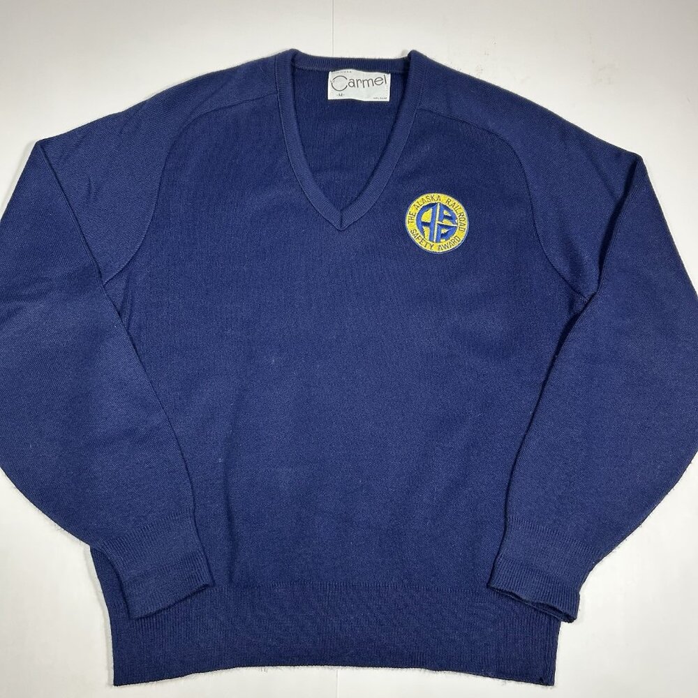 VTG CARMEL Men Sweater The Alaska Railroad Safety Award Log Navy Blue V-Neck M